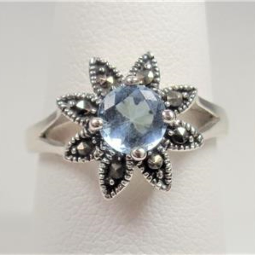 SILVER AQUA & MARCASITE STONES ISLAND FLOWER RING - Picture 5 of 7
